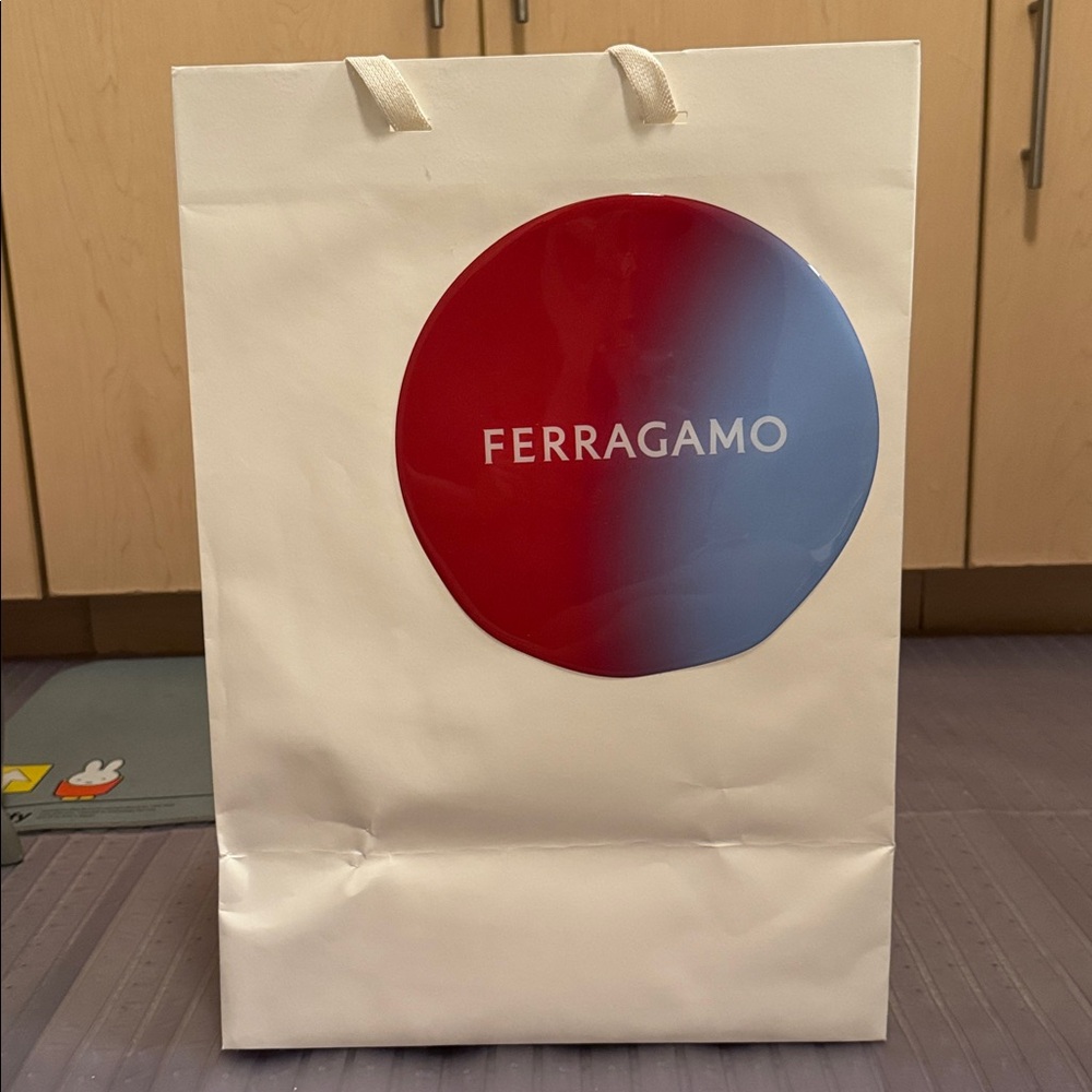 Big Ferragamo White Shopping Bag with Red and Blue Logo, 8x 14x20 inches